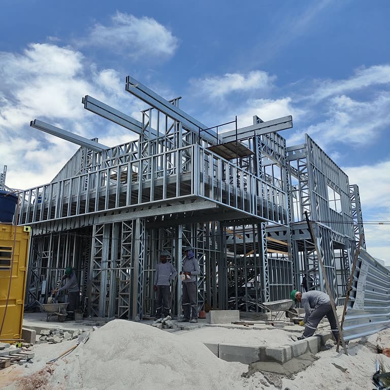 Obra em Light Steel Frame com dois pavimentos erguidos, montadores trabalhando no térreo e as vigas do segundo piso já posicionadas